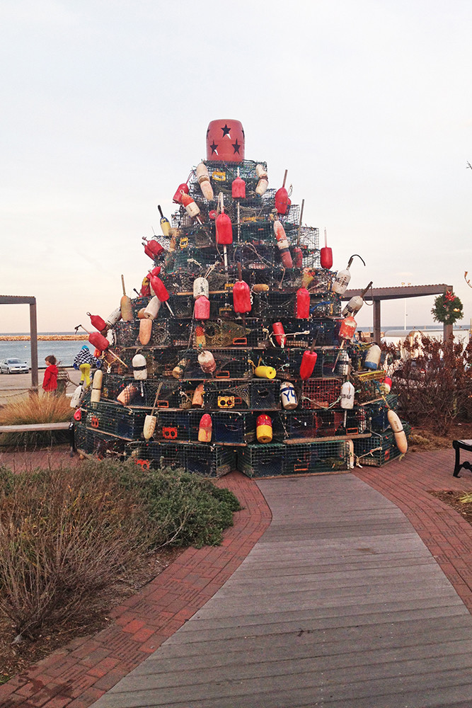 The centerpiece of Block Island's holiday stroll is Harold Hatfield's lobster trap Christmas tree
