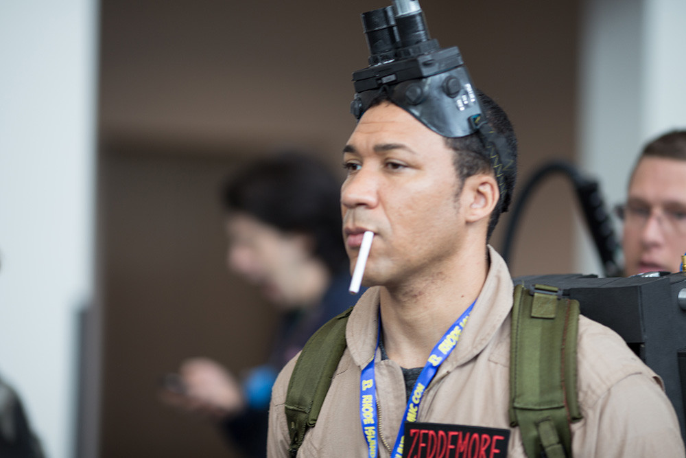 When it comes to cosplay, it's the little details that count. Note the prop cigarette and the trademark "Ghostbusters dangle" tactic being used to full effect.
