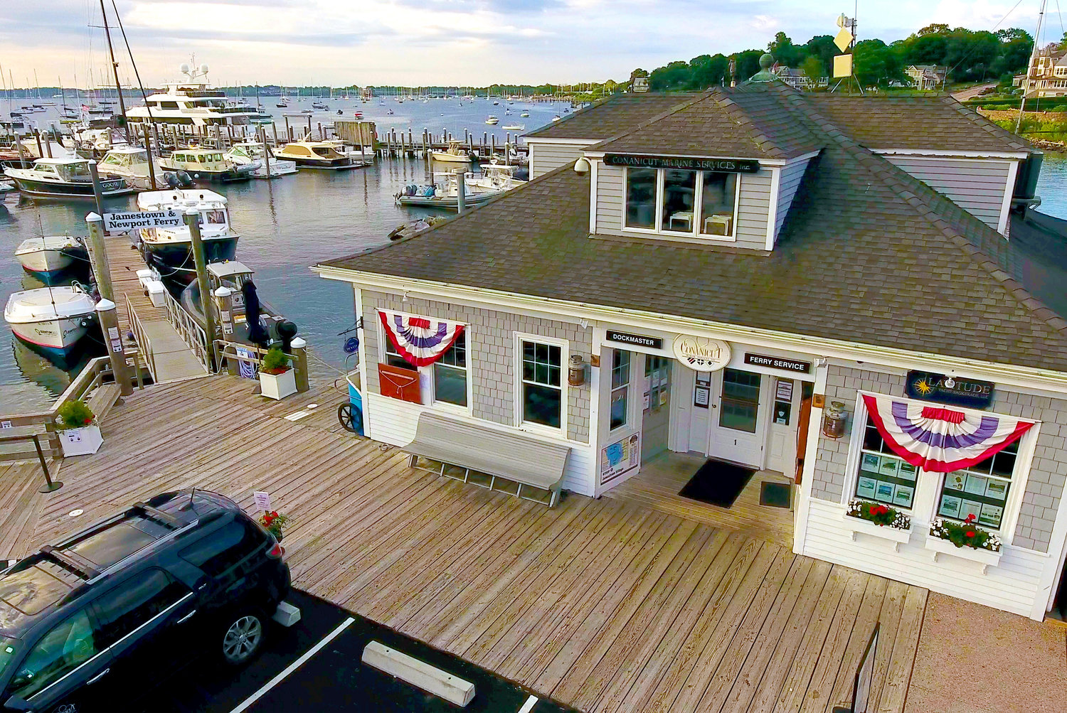 Conanicut Marina is home to a boat yard, ferry service, scenic cruises, private charters, and even retail