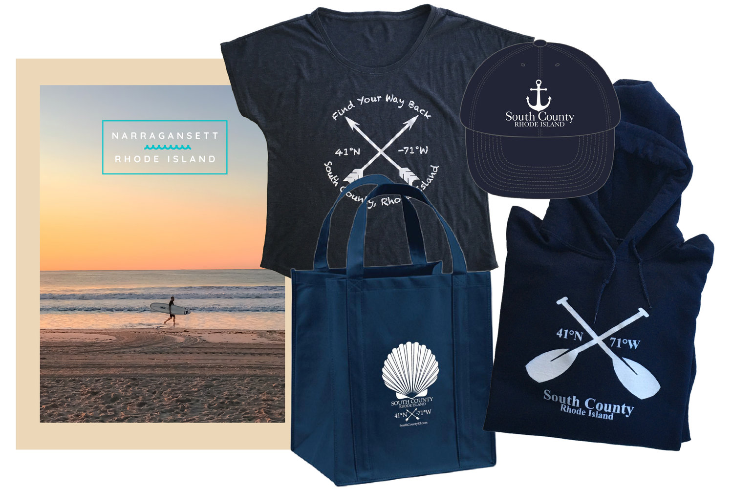 18”x24” Narragansett Beach Surfer Poster, Find Your Way Back T-shirt, Navy Blue Anchor Baseball Hat, Hooded Navy Blue Sweatshirt, Find Your Way Back Navy Blue Recycled Tote