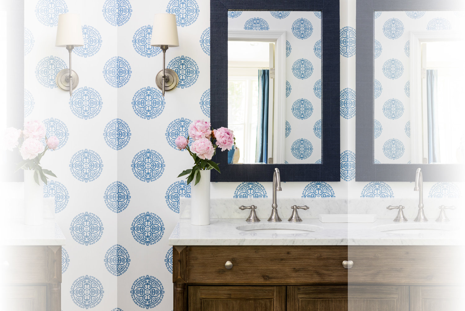 “Powder rooms are the perfect place for pretty wallpapers,” says Janelle Blakely
