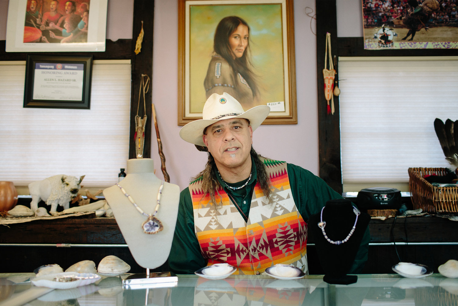 Allen Hazard creates traditional Wampum jewelry at his shop The Purple Shell in Charlestown