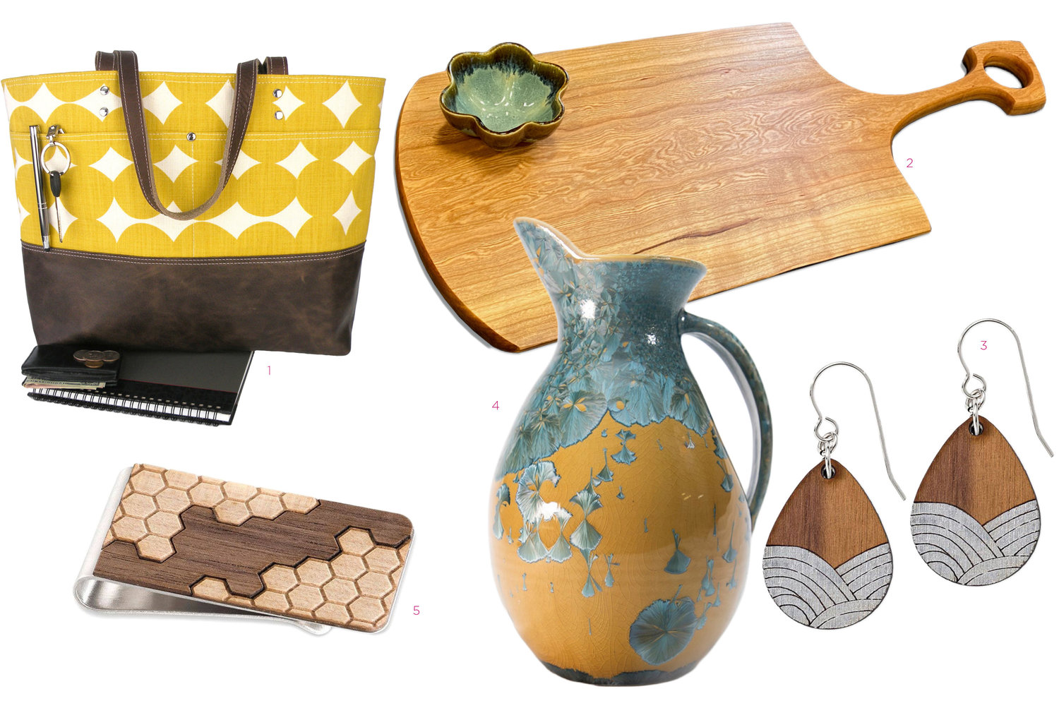 1. Carryall Tote, 2. Charcuterie Board, 3. Earrings, 4. Michael Chatterley Pitcher, 5. Money Clip