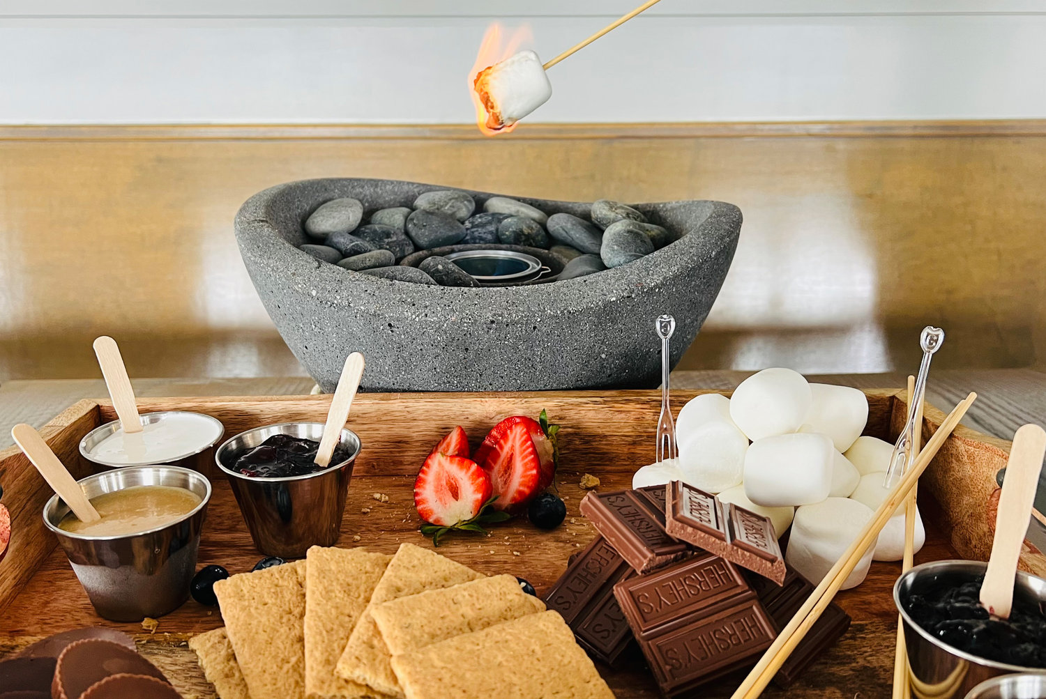 A build-your-own S’mores Board includes Nutella and peanut butter cups