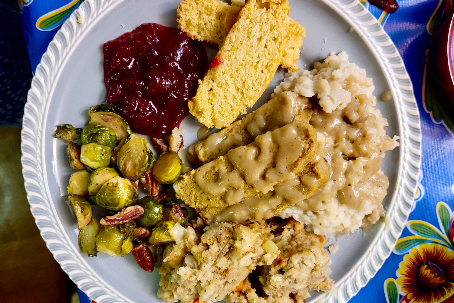 A plate of vegan spins on Thanksgiving staples from SoCo Vedge