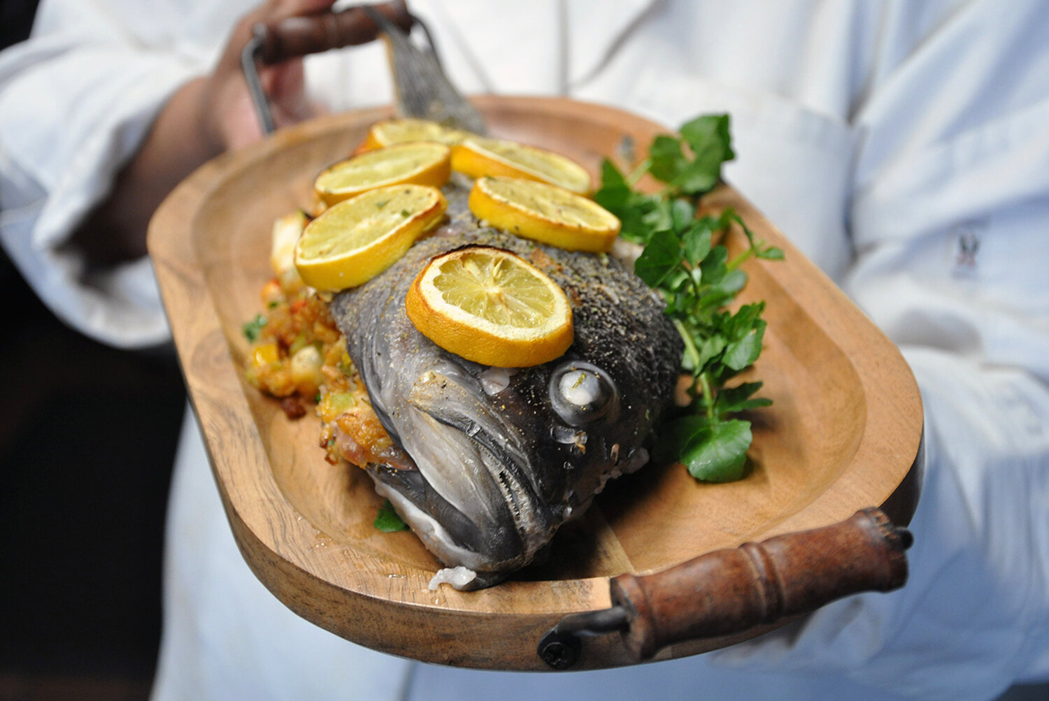 Chef Sherry Pocknett's black sea bass stuffed with lobster meat at Sly Fox Den Too
